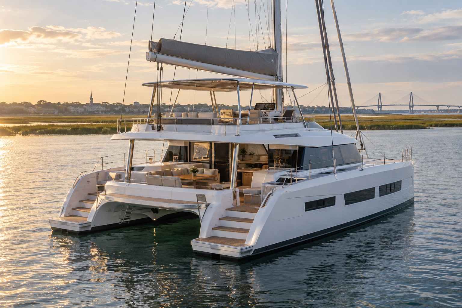 Large white sailing catamaran anchored near Savannah