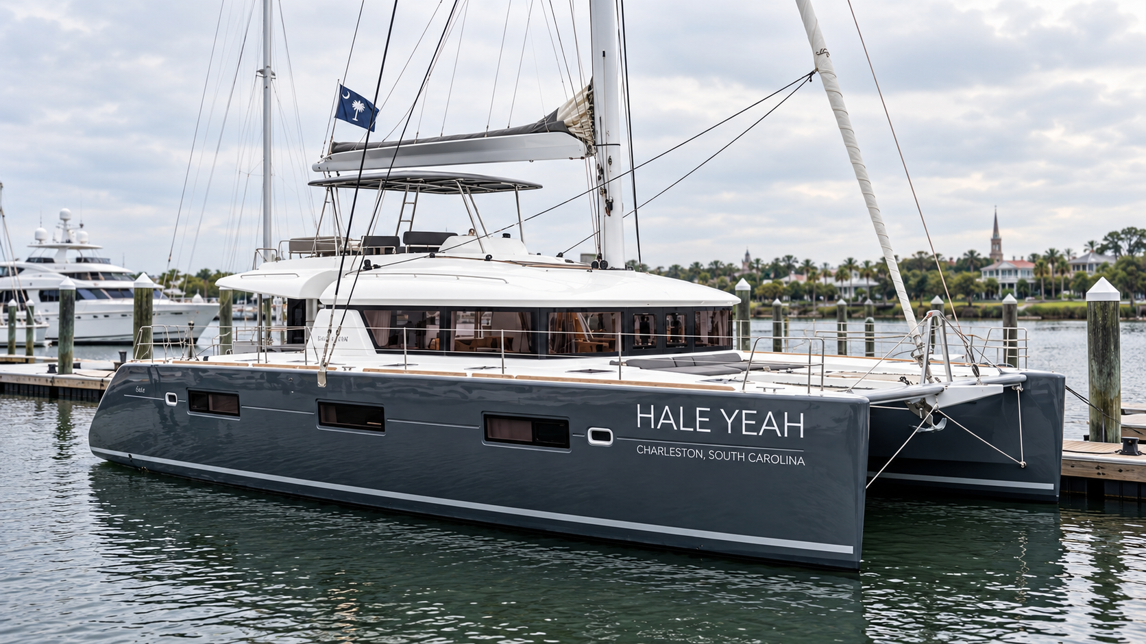 HALE YEAH, a charcoal gray Lagoon 55 catamaran, docked in Charleston