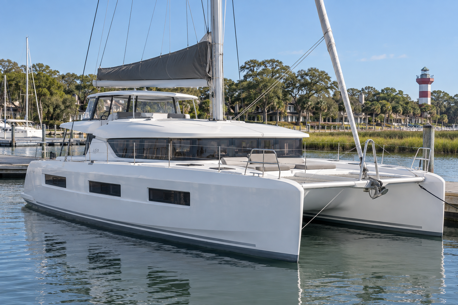 White 50-foot sailing catamaran docked near Hilton Head
