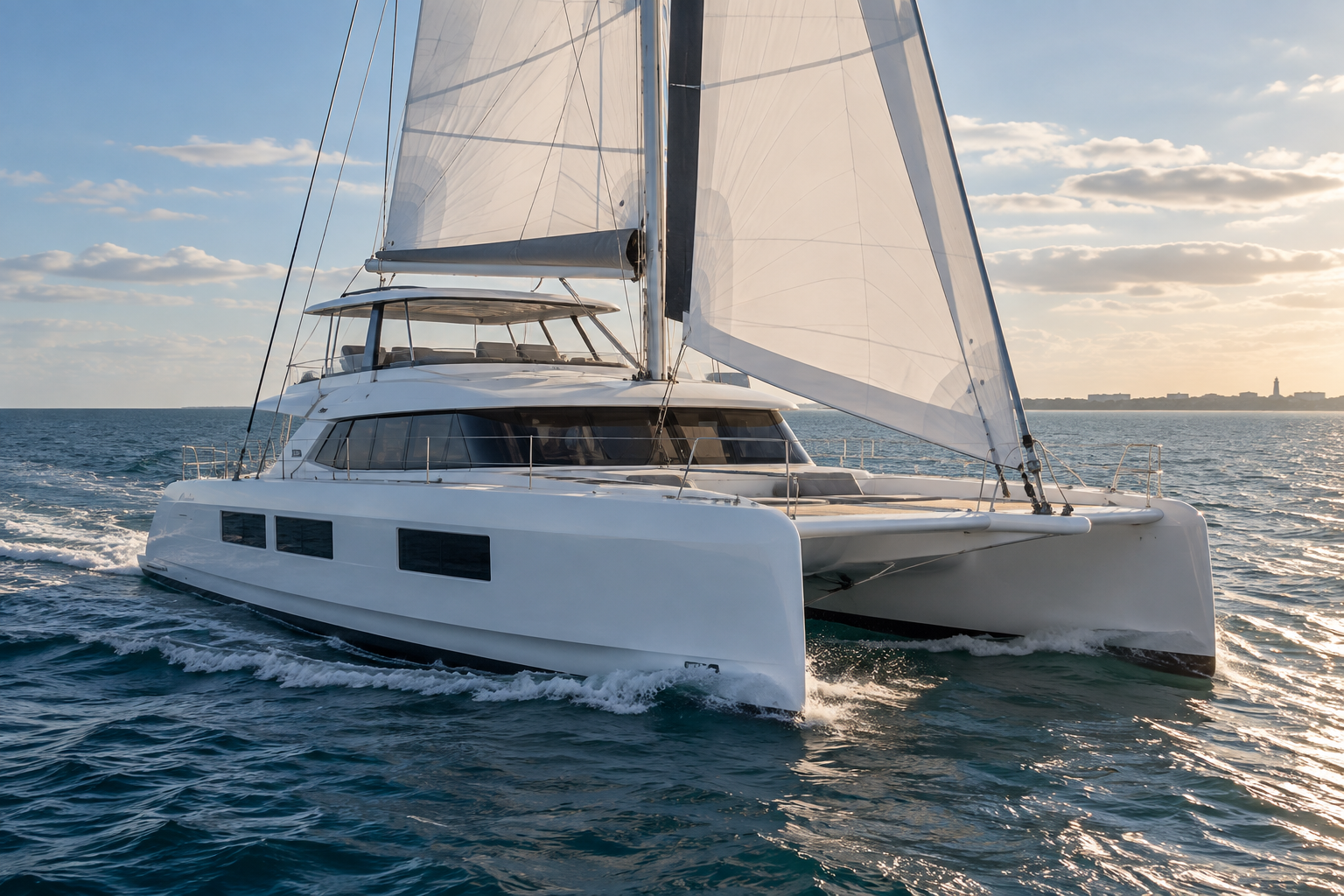 White 60-foot sailing catamaran underway